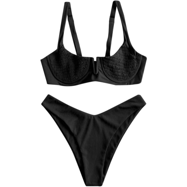 WJSMWomen's Ribbet bøjle Bikini High Cut V Notch Smocked Badetøj trykt høje ben badedragt Black-7
