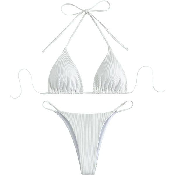 WJSMWomen's Halter Tie Side Triangle Bikini Set high Cut 2-delt Bikini Badedrakt Badedrakt Ribbed White M