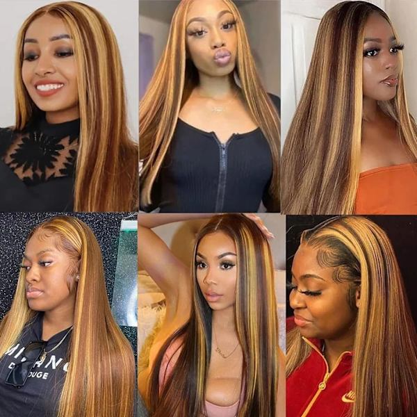 Ombre-högdlockig Lace Front-peruk Mänskligt Hår 180% Densitet Honungsblond Lace Front-peruk Rak 13x4 Transparent Lace Limfri Peruk 4/27 Färgad Peruk Förplucked Frontal Ombre Highlight Wig 22 Inch