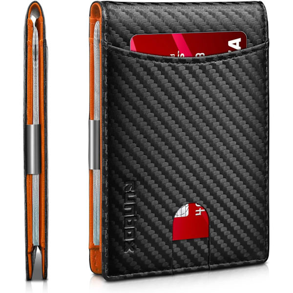 Smal Pengklämma Plånbok för Män RFID-Blockering 11 Kortplatser Minimalistisk Liten Läder Plånbok för Män Frontficka Presentask Carbon Black n Orange