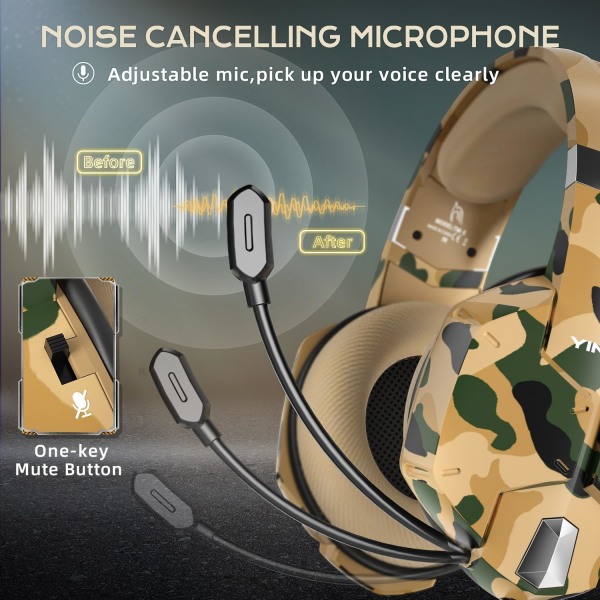 Gaming Headset til Xbox One, PS4 Headset med Mic, Stereo Surround Sound, Noise Cancelling Microphone & One-Key Mute, Cool Camo Gaming Headset til