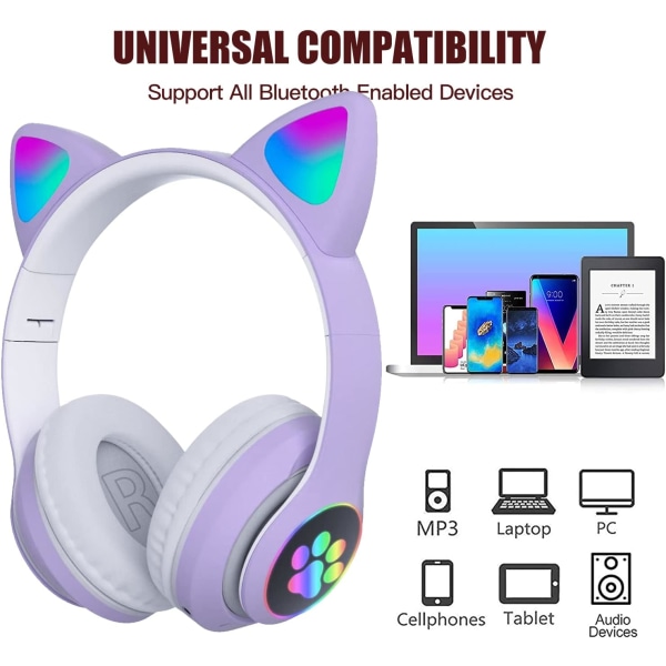 Bluetooth-hörlurar för barn, söta kattöron LED-ljus uppfällbara hörlurar Stereo över örat med mikrofon/TF-kort Trådlösa hörlurar för iPhone Purple