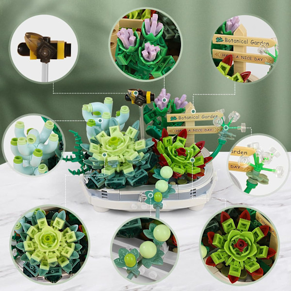 Mini-tegel Succulent Växt Byggset, 389 st DIY Simulerande Växt Ekologi Samling Byggleksak, Bukett Set Presenter för Vuxna, Barn
