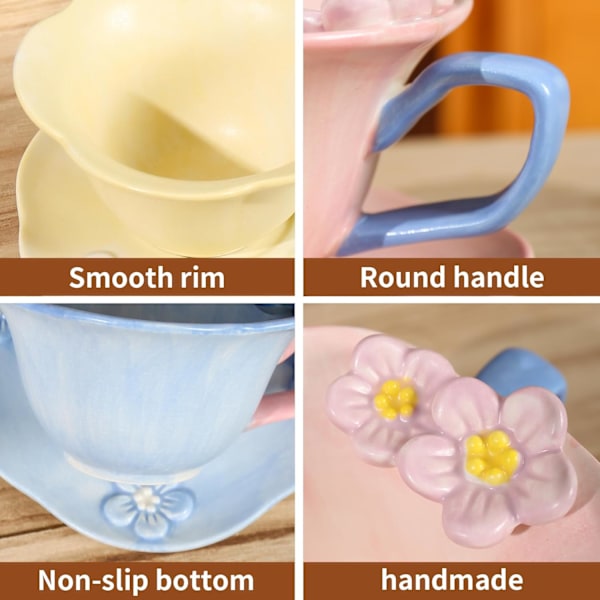 Blomstrede tekopper og underkopper, sødt kaffekrus i keramik til kvinder, teselskab, cappuccino, latte, mælk Blue