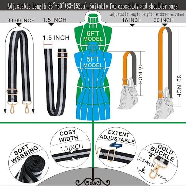 Bag Strap Erstatning Crossbody Justerbar Bred black and white