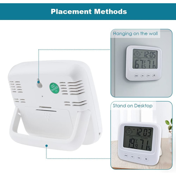 Digitalt hygrometer innendørs termometer romtermometer og fuktighetsmåler med temperaturfuktighetsmonitor, bakgrunnsbelysning, klokke og ℃/℉-funksjon