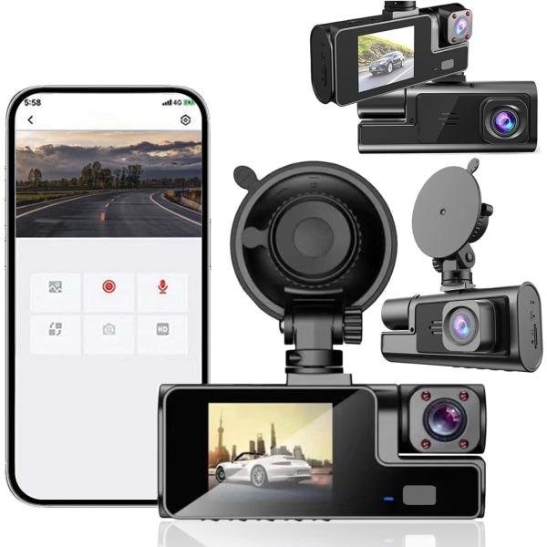 Dash Cam med APP, Uppgradera Front och Inside WiFi Dash Cam 1080P Full HD Mini Dash Cam med Night Vision, Loop Recording, G-Sensor, Motion Detection,