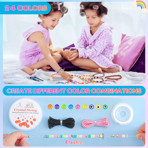 5800 STK Clay Beads Armbåndsfremstillingssæt, 24 farver flade præppy perler til venskabssmykkefremstilling, Polymer Heishi Perler med Charms DIY Arts and Cra