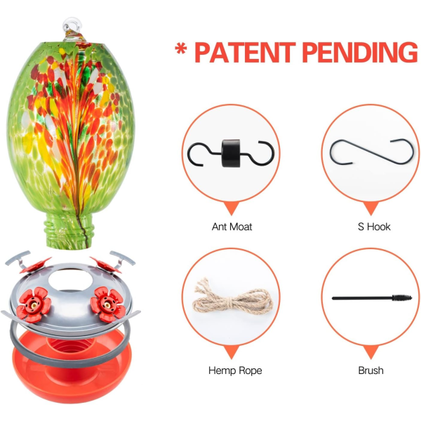 WJ Hummingbird Matare för Utomhus Hängande, Blown Glass Hummingbird Feeder, Hummingbird Gåvor till Mamma, Trädgård Bakgård Dekor, Unika Gåvor Idé för W Green