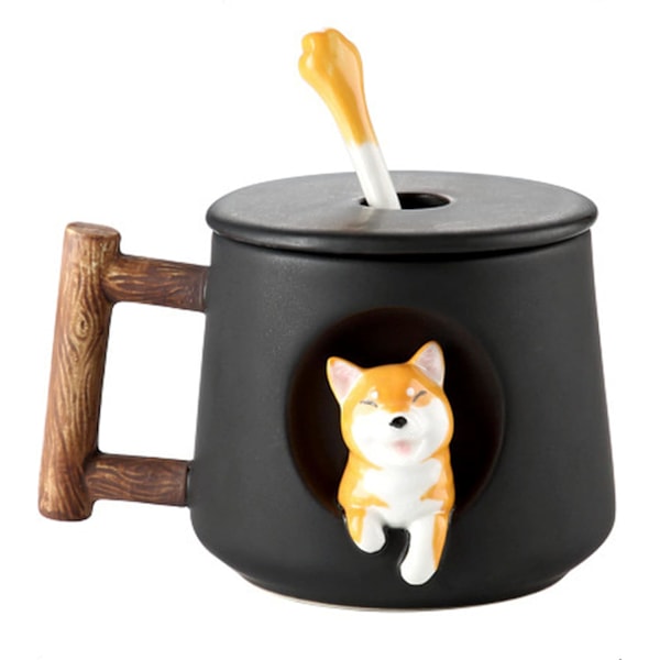 Søt Hundepar Kopper, Keramisk Kaffe Kanne med Lopp, Søte Poter på Toppen av Skjeen, Søt Shiba Inu Tredimensjonal Design, med Matt Tekstur Black Head