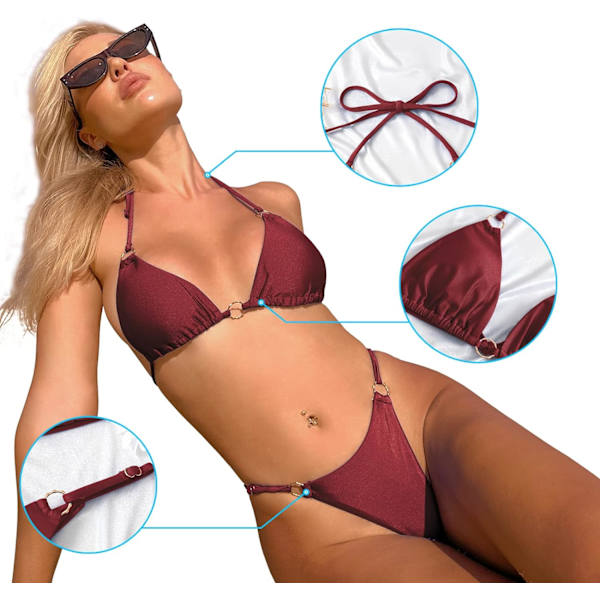 WJSMSexy Bikinit naisille 2-osainen bikinit Spagettihihnat Uimapuvut Yksivärinen Uimapuku Kolmio Uimapuku Wine Red M