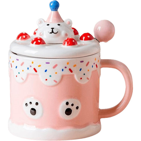 Kahvimuki, söpö karhu syntymäpäiväkakku, keraaminen, kannen ja lusikan kanssa, 13 oz, toimistolle, kotiin, äitienpäiväksi, syntymäpäiväksi, joululahjaksi Pink