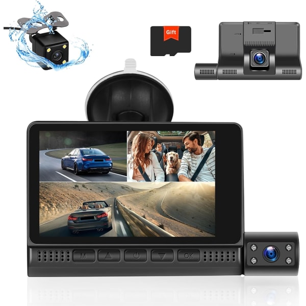 3-kanals Dash Cam for og bag indvendigt, 4 tommer 1080P Dash Camera til biler Trevejs Triple Car Camera med IR Night Vision, Loop Recording, G-Sensor