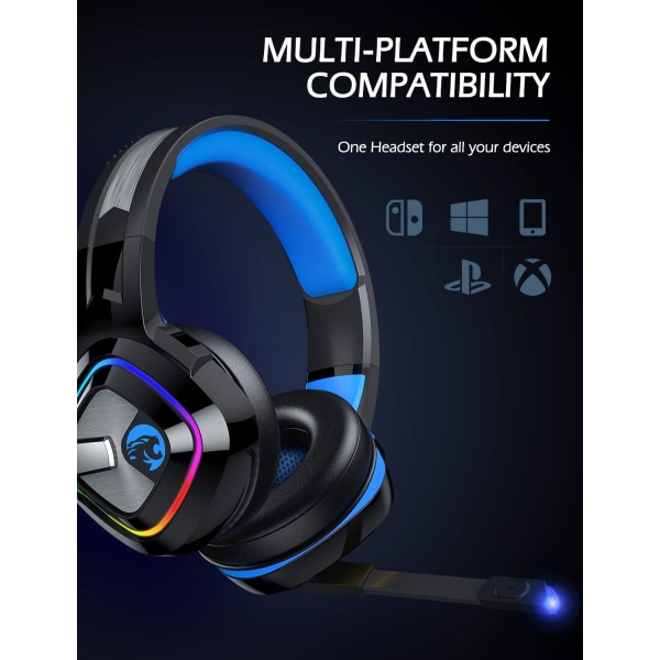 Gaming Headset PS4 Headset, Xbox One Headset med Noise Cancelling Mic og RGB Light, PC Headset med Stereo Surround Sound, Over-Ear hovedtelefoner til P