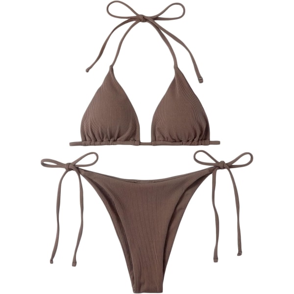 WJSM Dame Halterneck Tie Side Triangle Bikinisett Høy Skjæring 2 Delers Bikini Badetøy Brown1 M