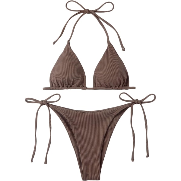 WJSMWomen's Halter Tie Side Triangle Bikini Sæt højskåret 2-delt Bikini Badedragt Badedragt Brown1 XL
