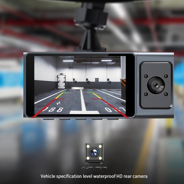 Dash Cam - Fram och bak inuti 1080P Dash Camera för bilar, 3-kanals Dashcam Trevägs bilkamera med infrarött nattseende, loopinspelning, APP C
