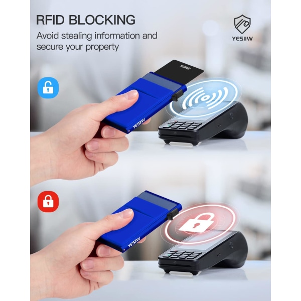 Pop up kreditkortshållare RFID-blockering med pengaficka Minimalistisk visitkortsplånbok för män Smal aluminium metall case för kort och nej Blue
