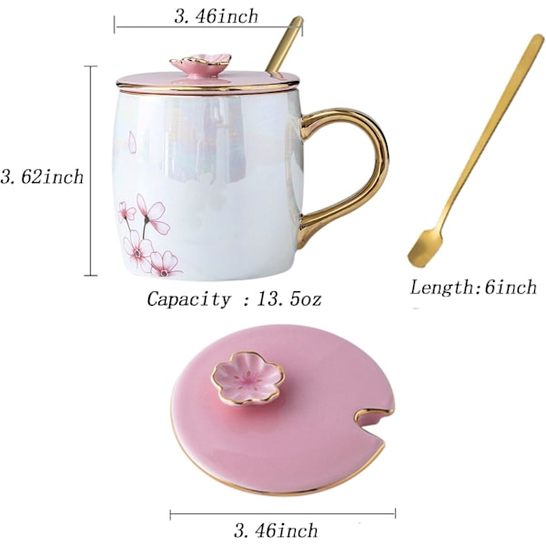13.5oz Keramikmugg med lock och guldsked i körsbärsblommönster - Vacker tekopp för kaffe, unik Sakura-gåva för kvinnor