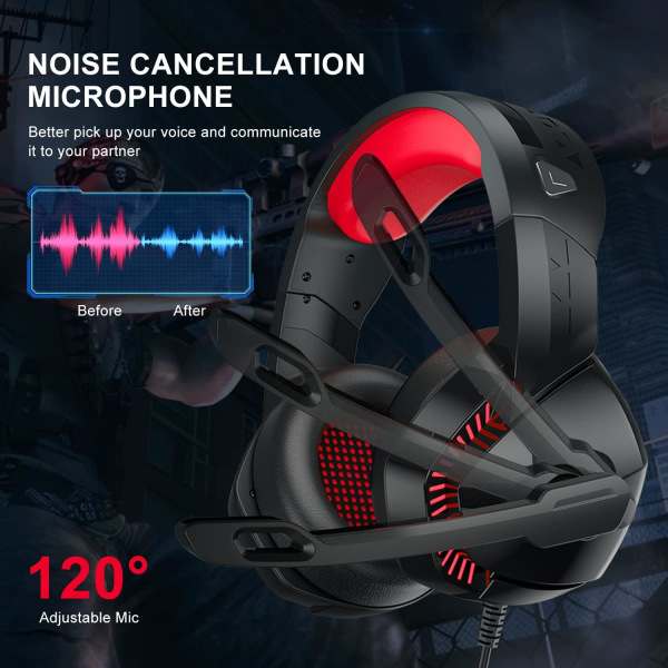 PS4 Gaming Headset med 7.1 Surround Sound, PC Headset med Noise Cancelling Mic & LED-lys, H3 Over Ear-hovedtelefoner til Nintendo Switch, PS5, Xbox On Black Red