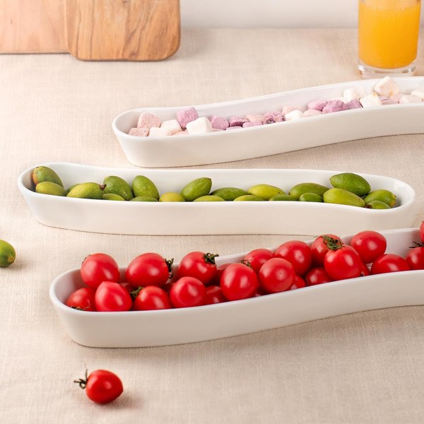 3-pack Olivolvplattor - Mångsidig Keramisk Olivolvbricka för Snacks, Aptitretare - Lång Båge Form Restaurangporslin för Underhållning och Visning