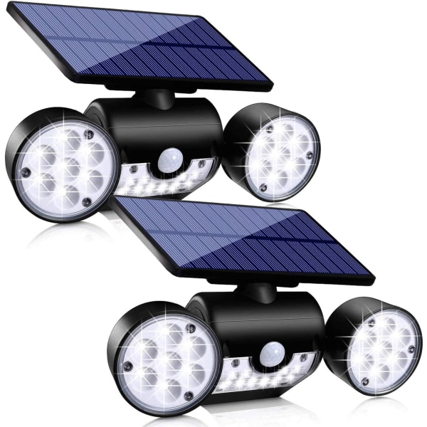 Udendørs Solcellelamper, 30 LED Solcelle Sikkerhedslamper med Bevægelsessensor Dobbelt Hoved Spotlight IP65 Vandafvisende 360° Justerbar LED Solcelle Bevægelseslamper fo 2 Pack