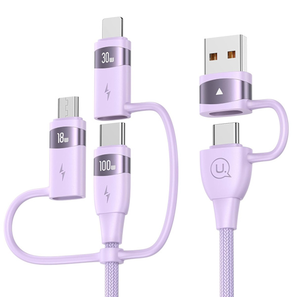 100W USB-C Multi-opladerkabel, USAMS 4FT 5-i-1 5A Hurtig Synkroniseringsopladeradapter Nylonflettet Type-C Kabel til Bærbar/Tablet/Telefon og Mere Purple 2m