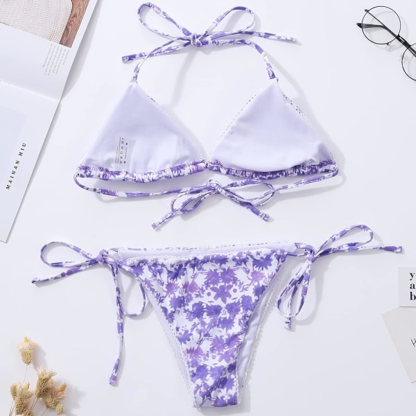 Bikinis badedrakt sett for kvinner Badetøy Triangel badedrakt Tie String Thong Floral Purple L