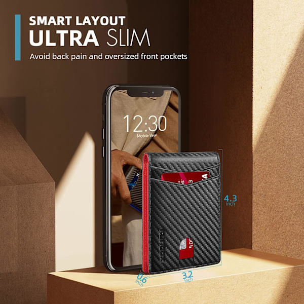 Röd herrplånbok, smal RFID-läder, 2 ID-fönster med presentförpackning Carbon black,red