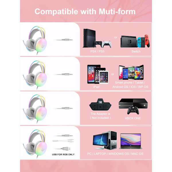 PC-pelikuulokkeet mikrofonilla, langalliset RGB-sateenkaaripelikuulokkeet PS4/PS5/MAC/XBOX/kannettavalle, 3,5 mm äänentoisto yli korvan kuulokkeet kevyellä