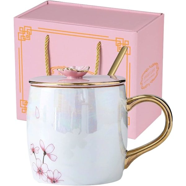 13.5oz Keramikmugg med lock och guldsked i körsbärsblommönster - Vacker tekopp för kaffe, unik Sakura-gåva för kvinnor