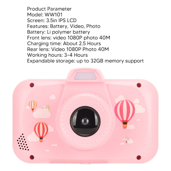 3,5 tommers barnekamera selfie HD stor skjerm bærbar leketøy barn digitalkamera for 3-10 år gammel jente Pink