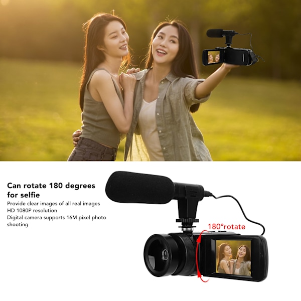 1080P videokamera 16MP 2,4 tommers flip-skjerm Vlogging-kamera 16X zoom HD digitalkamera for reise bryllup campus-opptak 110-240V EU-plugg
