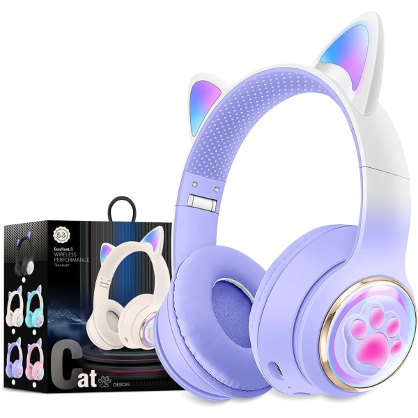 Bluetooth hörlurar för barn, Söt Ear Cat Ear LED Light Up hopfällbara hörlurar Stereo Over Ear med mikrofon/TF-kort Trådlösa hörlurar för Smartp Soft Purple