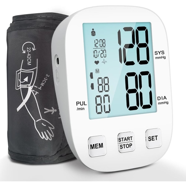 Blodtrycksmätare, automatiska överarmsblodtrycksmätare för hemmabruk, blodtrycksmaskin stor bakgrundsbelysningsskärm, exakt justerbar