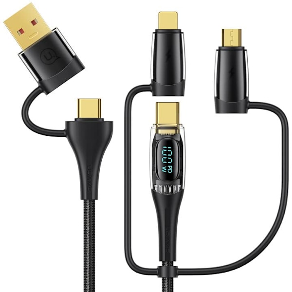 USB-C till Multiladdningskabel, USAMS 100W 4FT 5A Typ C till Typ C Snabbladdningskabel med LED-display 5-i-1 C/A till C/Micro/IP Synkroniseringsladdningsadapter Black 2m