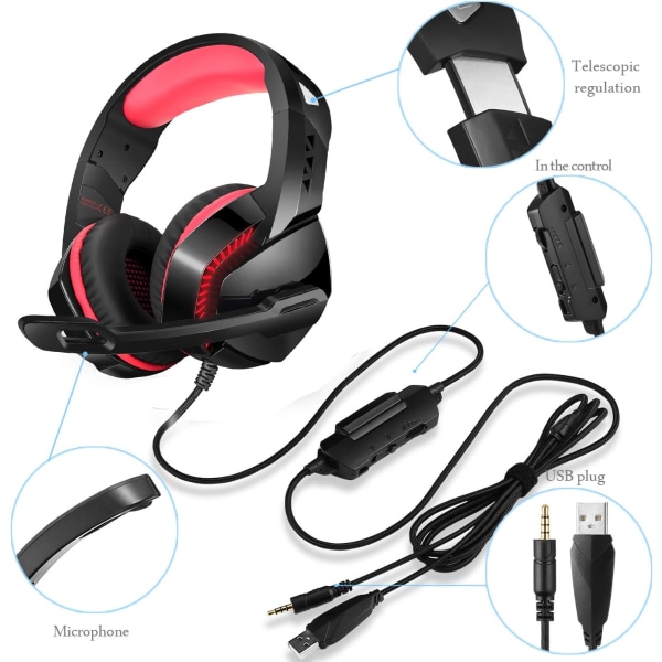 PS4 Gaming Headset med 7.1 Surround Sound, PC-headset med støyreduksjonsmikrofon og LED-lys, H3 Over Ear-hodetelefoner for Nintendo Switch, PS5, Xbox On Black Red