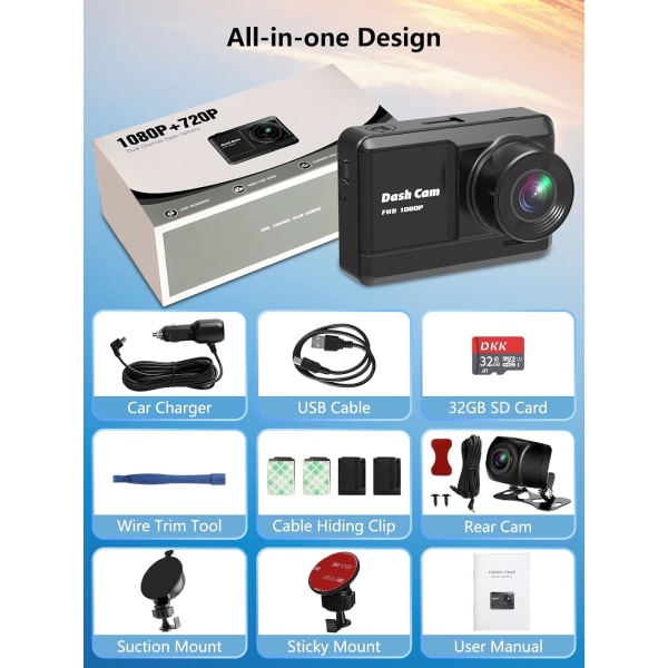 Dash Cam edessä ja takana, Mini Dash Cam 1080P Full HD 32 Gt:n SD-kortilla, 2,45 tuuman IPS-näyttö, 2 kiinnitystapaa, pimeänäkö, WDR, onnettomuuslukko, silmukka