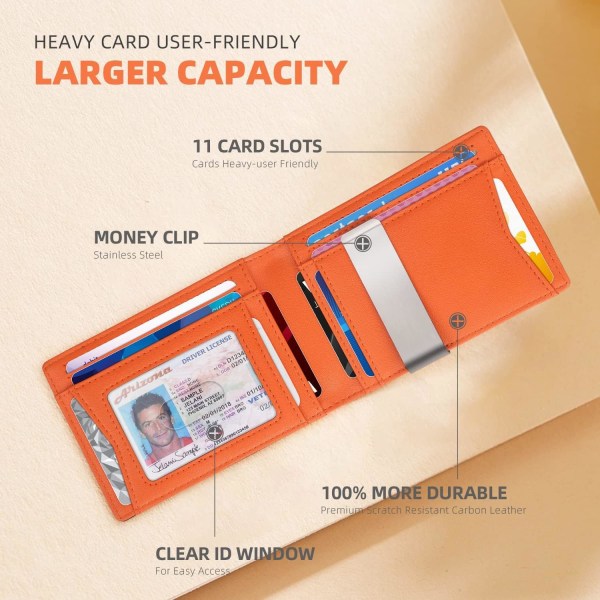 Slim plånböcker för män - Läderpengaclip Herrplånbok - RFID-blockerande fickplånbok - Minimalistisk kreditkortshållare med presentförpackning Carbon Black&Orange