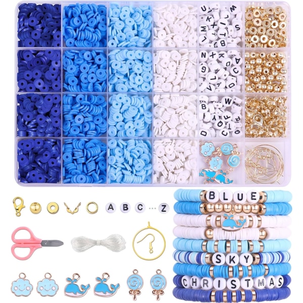 3500 stk. Blå Lerperler Sæt til Armbåndsfremstilling, Polymer Heishi Perler til Smykkefremstilling, Venskabsarmbåndssæt til Piger Voksne, Mellemrum Bogstav B Blue