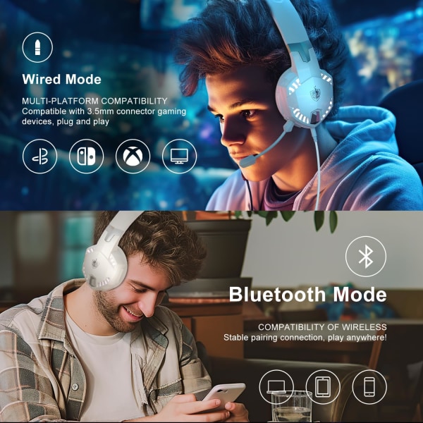 PS4 Gaming Headset for PS5, PC, Switch, G2000 Pro Bluetooth Wireless Over Ear-hodetelefoner for telefon, bærbar PC, med avtakbar støyreduksjonsmikrofon, Ste White