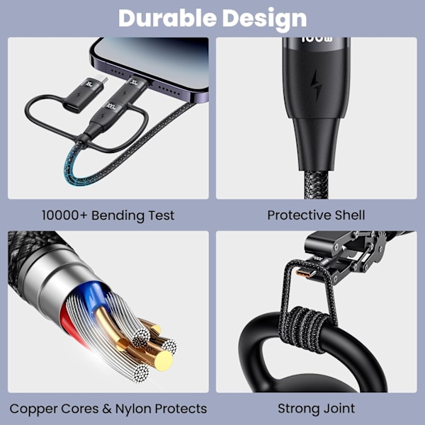 100W USB-C Multi-opladerkabel, USAMS 4FT 5-i-1 5A Hurtig Synkroniseringsopladeradapter Nylonflettet Type-C Kabel til Bærbar/Tablet/Telefon og Mere Black 2m