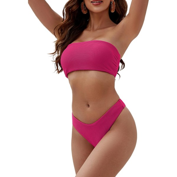 WJSMWomen 2-delad bandeau baddräkter Ribbade spetsar Axelbandslös Bandeau Bikini Set High Cut Baddräkter 0-rose Red S