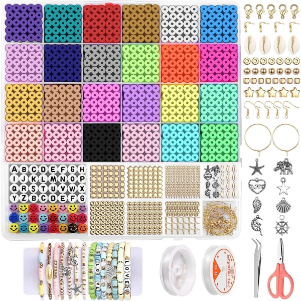 6000 Stk. 24 Farver Polymer Lerperler Armbåndsfremstillingskit, Venskabsarmbånds Kit, 6mm Heishi Perler til Smykkefremstilling med Charms, Gaver til Teen Piger