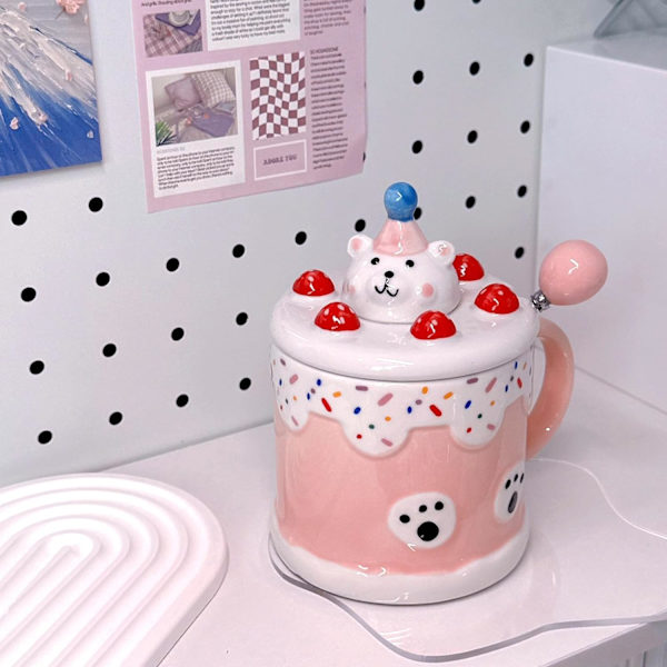 Kahvimuki, söpö karhu syntymäpäiväkakku, keraaminen, kannen ja lusikan kanssa, 13 oz, toimistolle, kotiin, äitienpäiväksi, syntymäpäiväksi, joululahjaksi Pink