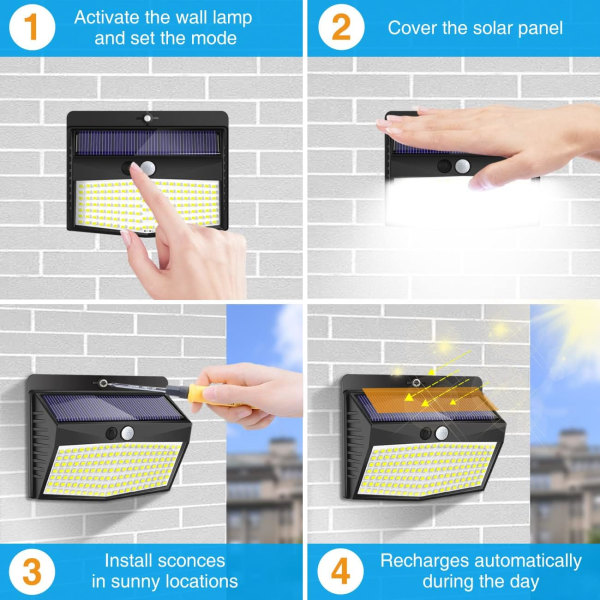 Solcelle Utelys, [138 LED/5 Pakker] Solcelle Bevegelsessensor Sikkerhetslys med 3 Lysmoduser Trådløse Solcelle Vegglys Vanntette Solcelledrevne Cool White5
