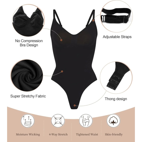 Kvinnors Shapewear Body Suit Tummy Control Body Shaper Seamless Sculpting Snatched Waist Body Suit Black Thong L