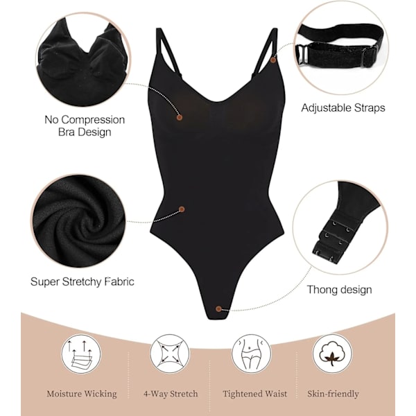 Shapewear Body til kvinder - Body Shaper med mavekontrol - Sømløs skulpturering - Snatched Waist Body Suit Black Thong XXL