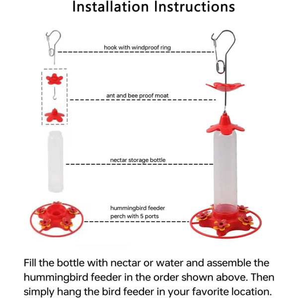 Hummingbird-syöttölaite, Vuotamaton, Hummingbird-syöttölaitteet Ulkokäyttöön, Ripustus, Muurahais- ja Mehiläisensuojattu, Pyöreä Perkkä, 5 Syöttöaukkoa Ulkokäyttöön Ripustus, Puutarha