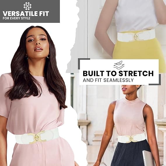 Dame bredt elastisk vintage taljebælte | Strækbart læder taljebælte med guldmetal interlock-spænde | Mode retro damebælte white